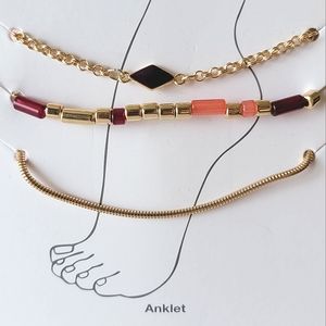 Three Ankle Bracelets Gold Tone Beaded Anklet